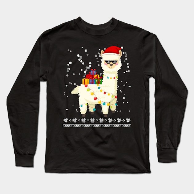 Christmas Llama Santa Hat Ugly Xmas Tree Alpaca Long Sleeve T-Shirt by PaulAksenov